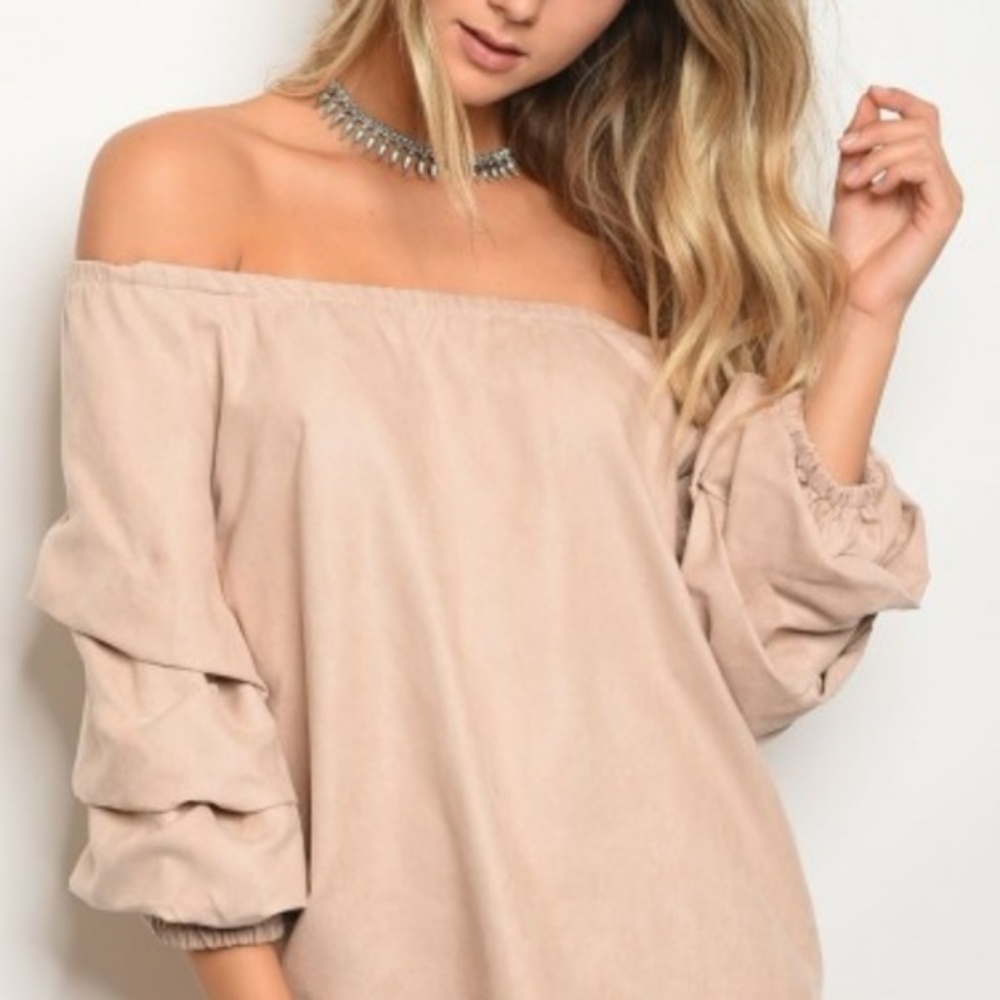 Blush Pink SUEDE OFF SHOULDER DRESS - Picture 3 of 3